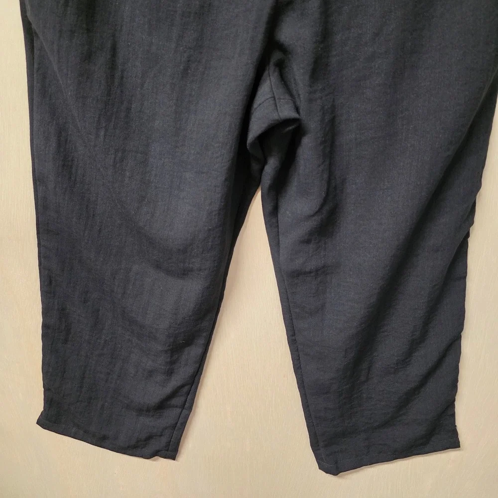 Fridaze Black 100% Linen Straight‎ Leg Elastic Waist Crop Pants Large Hong Kong